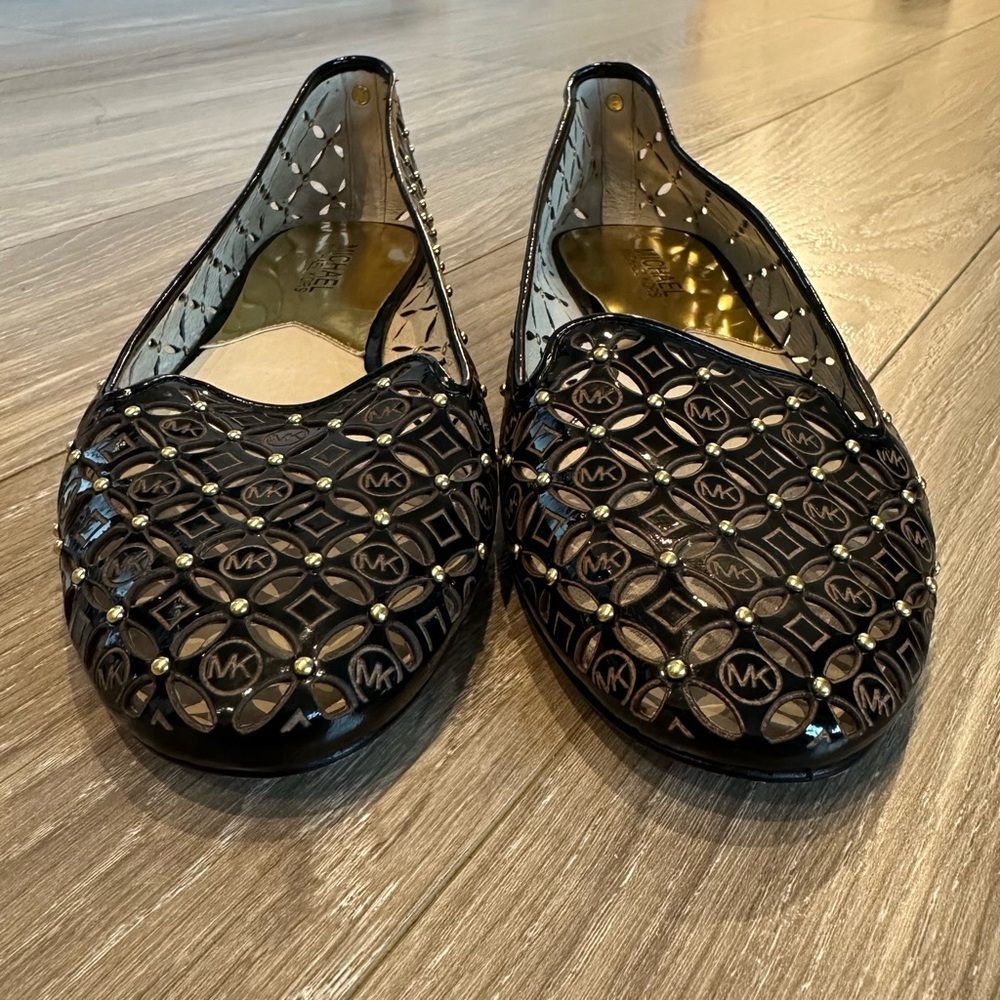 Michael Kors black and gold studded patent leather perforated loafers - Picture 6 of 8